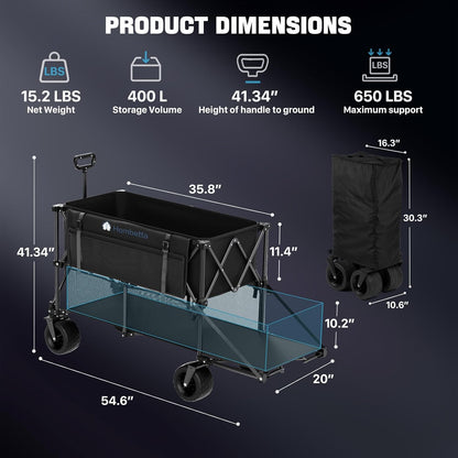 400L Double Decker Folding Wagon Cart, Heavy Duty 560LBS Capacity Utility Cart with Brake, Collapsible Wagon with All-Terrain Big Wheels for Beach, Camping, Picnic, and Outdoor Use – Black