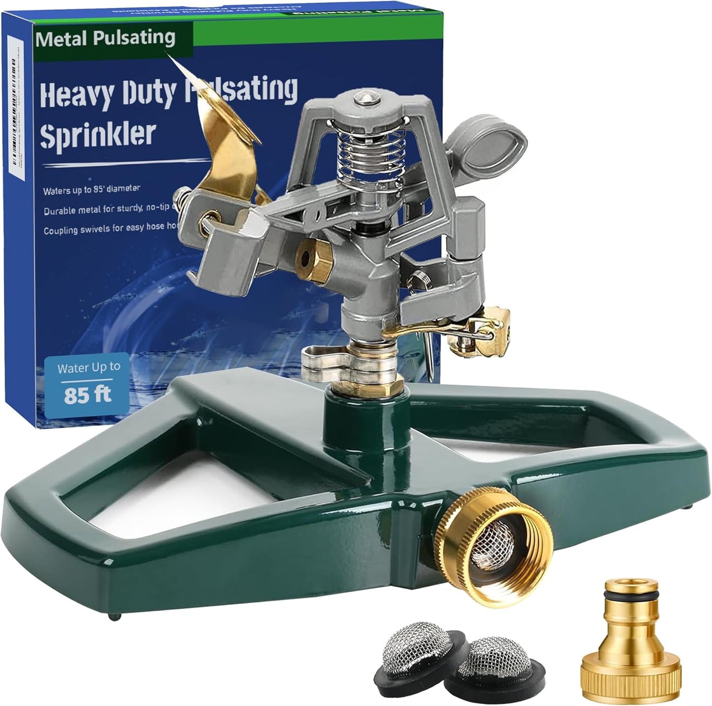 Heavy Duty Metal Pulsating Sprinkler for Yard - 360 Degree Roating Automatic Water Sprinkler for Lawn with Metal Base, Pulsating Impact Sprinklers for Large Area Covers Up to 85‘ Diameter
