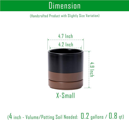 D'vine Dev 4.7 Inch Ceramic Planter Pot with Drainage Hole and Saucer, Indoor Cylinder Round Planter Pot, Black/Speckled Tan, 94-O-B-7