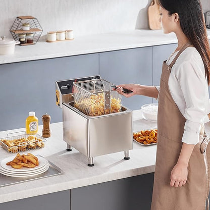 VEVOR Commercial Deep Fryer, 1750W Electric Countertop Fryer with Basket & Height-Adjustable Feet, 12Qt / 11.5L Stainless Steel Single Oil Fryer, Temp Control, Overheat Protection, for Restaurant Use