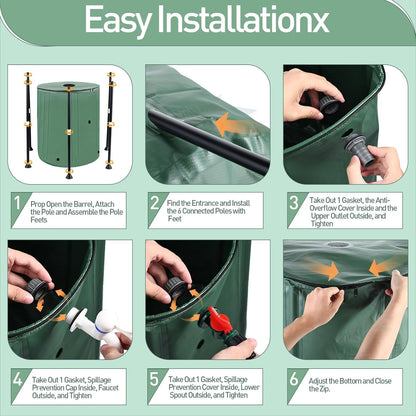 53 Gallon Collapsible Rain Barrel with Zipper Open and 12 Poles, 200L Protable Rainwater Collection System Kit with 1 Spigot and 2 Overflow, 1000D Oxford Rain Catcher Barrel for Outdoor Garden Camping