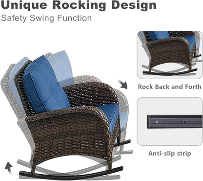 HUMMUH 5 Pieces Wicker Patio Furniture Set,Outdoor Rocker Chairs,Patio Ottomans,Glass Top Side Table,Outdoor Conversation Set for Porch Deck Backyard Poolside
