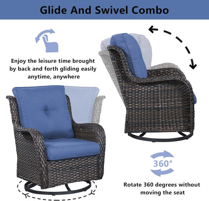 Wicker Outdoor Furniture Patio Furniture Set - 6 Piece Patio Conversation Set with Swivel Rocker Chairs, Loveseat Sofa, Ottomans and Coffee Table, Blue Cushion