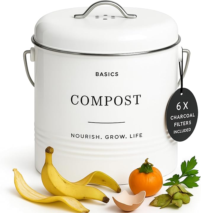 D'Lifeful Kitchen Compost Bin – 1.3 Gallon Countertop Farmhouse Compost Container with Lid – Odorless Indoor Food Scrap Pail with 6 Charcoal Filters – Eco-Conscious and Easy to Clean (White)