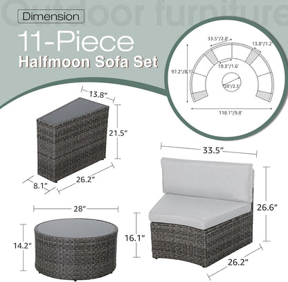 SUNSITT Outdoor Patio Furniture 11-Piece Half-Moon Sectional Round Patio Furniture Set Curved Outdoor Sofa with Tempered Glass Round Coffee Table, 4 Pillows, Grey Rattan & Light Grey Cushion