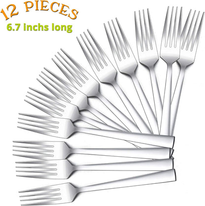 Salad Forks Set of 12, E-far 6.7 Inch Stainless Steel Dessert Forks for Home, Kitchen or Restaurant, Non-toxic & Mirror Polished, Squared Edge & Dishwasher Safe