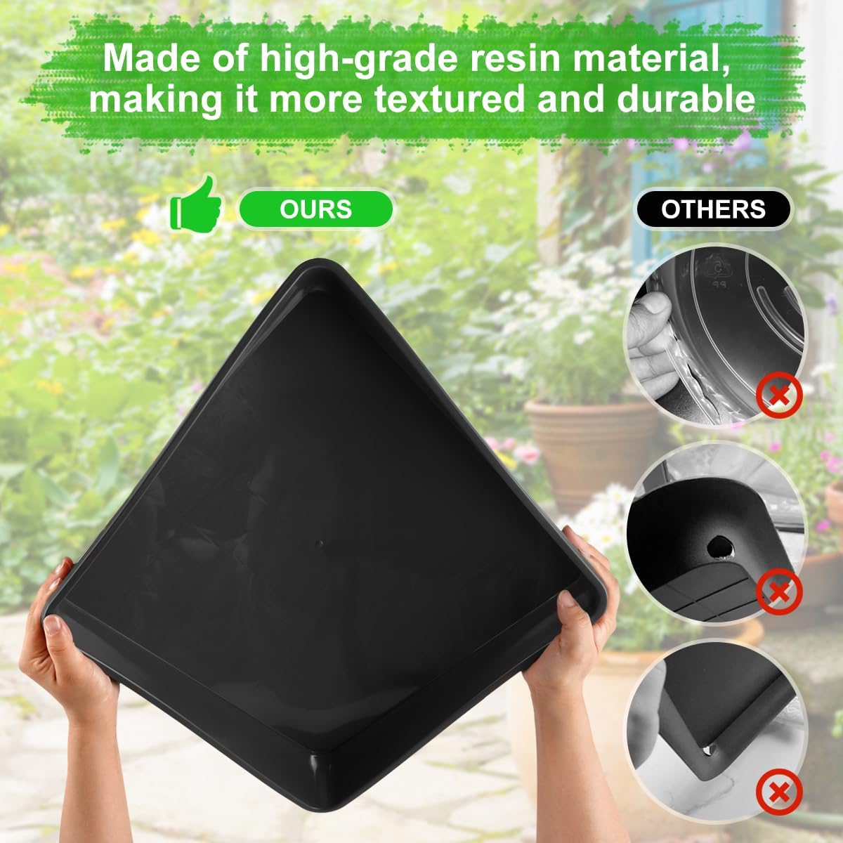 WAYNHUI Squared Plant Saucer 6/8/10/12/14/16/18/20inch Square Plastic Basin Tray Large/Small Water Receiving Tray (Black 20inch 3pack)
