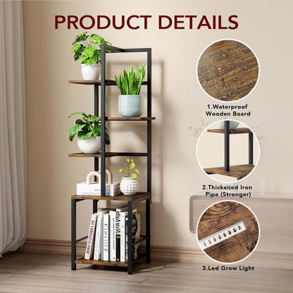 Plant Stand Indoor with Grow Light, 5-Tiered Tall Plant Stand Indoor, Metal Plant Shelf with Bookshelf Bookcase and Adjustable Light, Ideal for Living Room, Reading room, Garden, Patio (Brown)
