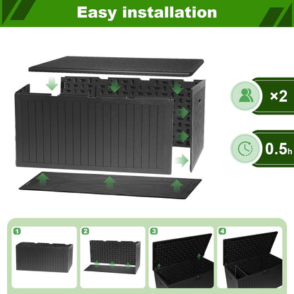 260 Gallon Outdoor Storage Box Waterproof, Extra Large Plastic Outside Deck Box Weatherproof, Resin Patio Storage Bin with Lock and Lids for Pool Equipment, Cushion, Black