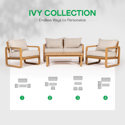 Idzo Ivy Loveseat with Coffee Table – Beige Fabric, 2-Seater Outdoor Sofa Set for Balcony, Patio or Garden – Stylish Love Seat Couches for Small Spaces