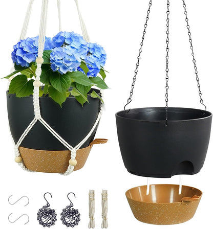 10 inch Self Watering Hanging Planters, 2 Pack Hanging Flower Pots for Indoor Outdoor Plants, Hanging Baskets with Drainage Holes & 2 Kinds of Plant Hangers for Garden Home Decor, Black Brown