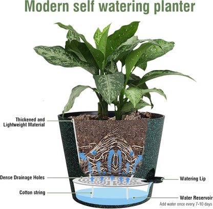 12 inch Large Self Watering Pots for Indoor Outdoor Plants, Flower Plant Pots with Mesh Drainage Holes for Garden, Plastic Planters with Reservoir for Home Plants, Black with Green Speckles