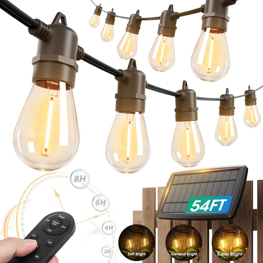 KYY 54FT Solar String Lights Outdoor Waterproof with USB Charging & Remote, Dimmable & Timable, Solar Powered Patio Lights with LED Shatterproof Bulbs for Deck Backyard Porch Garden Camping