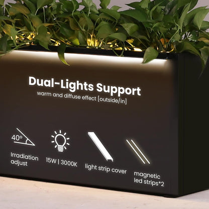 GSK Light Metal Planter Boxes LED Lighting Strips × 2 Outdoor Black Rectangle Flower Trough Heavy Duty Galvanized Iron Raised Tall Garden Bed Indoor Divider Shelf for Plants and Space Dividing