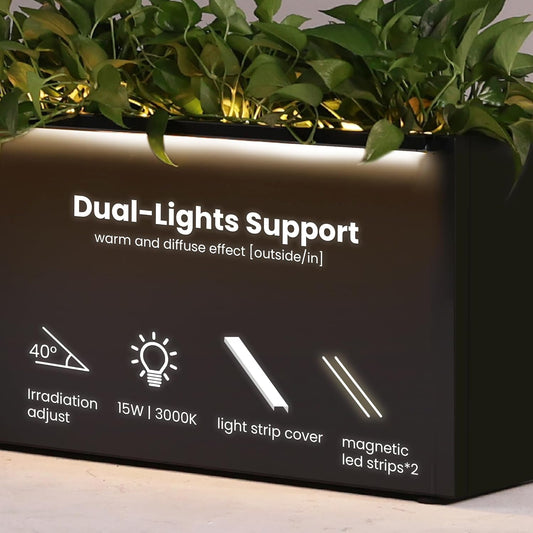 GSK Light Metal Planter Boxes LED Lighting Strips × 2 Outdoor Black Rectangle Flower Trough Heavy Duty Galvanized Iron Raised Tall Garden Bed Indoor Divider Shelf for Plants and Space Dividing