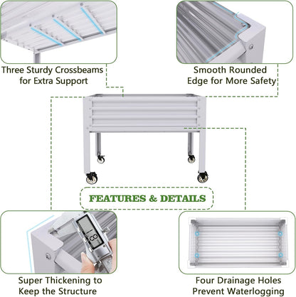 A ANLEOLIFE 4-Set Galvanized Raised Garden Bed with Legs,48x24x35in Large Elevated Planter Box on Wheels with Drainage Holes for Backyard, Balcony, Patio, 600lb Capacity, Antique White
