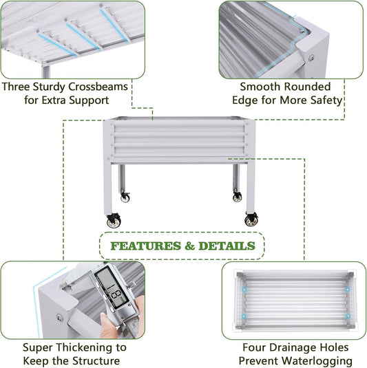 A ANLEOLIFE 4-Set Galvanized Raised Garden Bed with Legs,48x24x35in Large Elevated Planter Box on Wheels with Drainage Holes for Backyard, Balcony, Patio, 600lb Capacity, Antique White