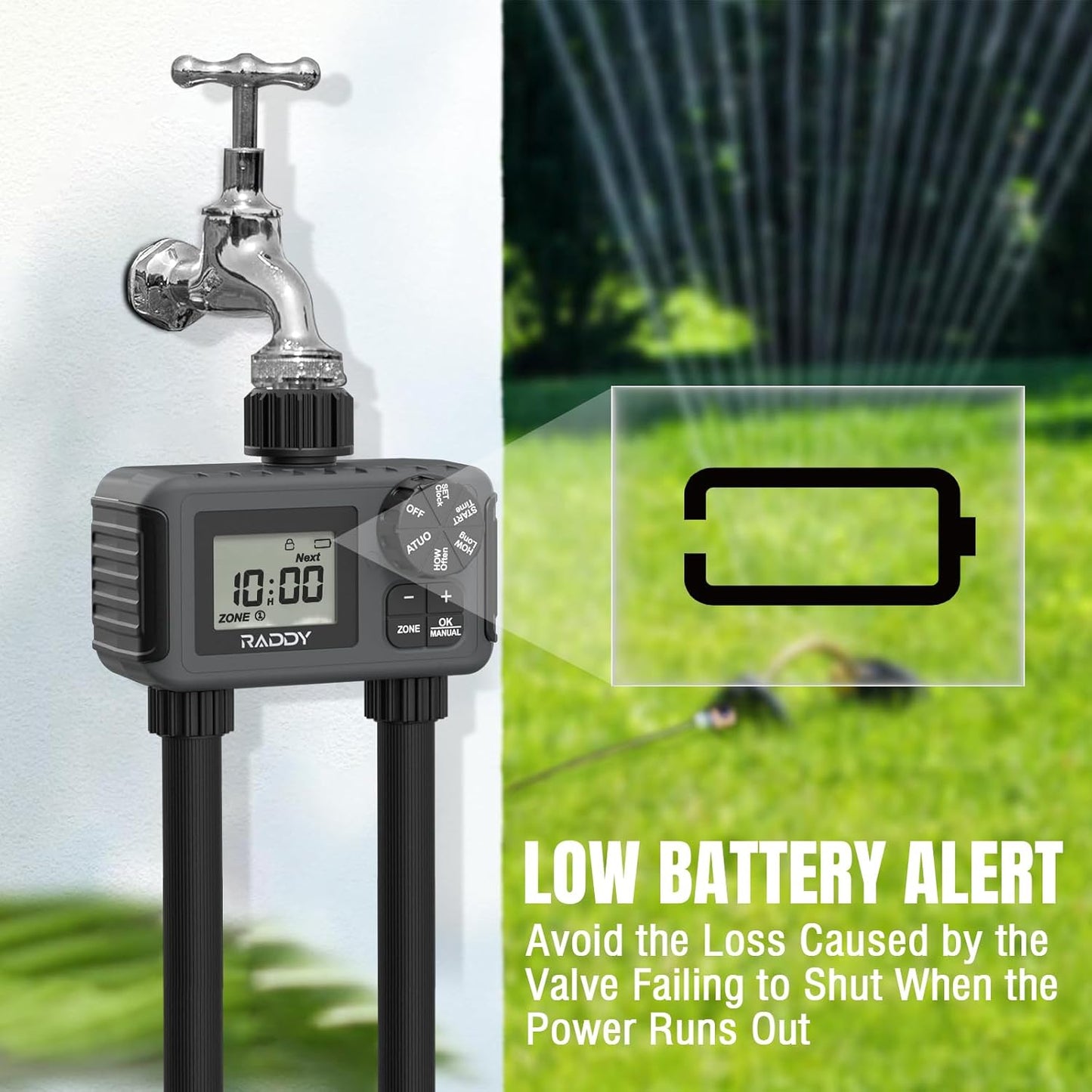 Raddy WS-5 Sprinkler Timer 2 Zone, Programmable Water Hose Timer 2 Outlet for Garden, Outdoor Automatic Irrigation System IP55 Waterproof with Rain Delay/Manual for Lawn, Yard, Pool