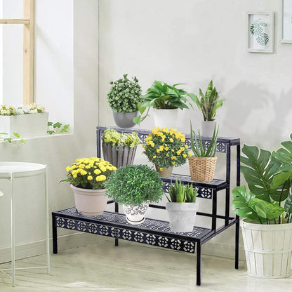 aboxoo 3 Tier Stair Style Large Metal Plant Stand, Garden Display Shelf Flower Pot Holder Storage Organizer Rack for Indoor Home Outdoor Patio Balcony Yard( Black, Rectangle)