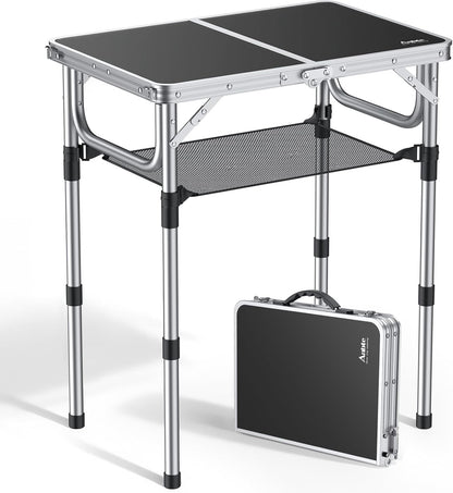 Folding Camping Table, Aluminum 24" x 16" Adjustable Height Small Folding Table with Carrying Handle, Lightweight, Portable Camping Table Waterproof for Outdoor Indoor Picnic Beach BBQ (Black)