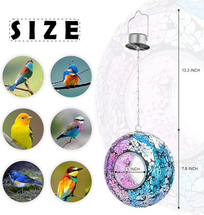 VCUTEKA Mosaic Bird Feeder Solar Fly Through Birdfeeder for Outside Hanging Round Shape Glass Container to Attract More Wild Bird Feeders for Garden Decor as Gift for Bird Lovers, 8-Inch