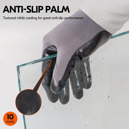 Vgo... 10-Pairs Safety Work Gloves, Gardening Gloves, Non-slip Nitrile coating, Dipping Gloves (Size XL, Gray, NT2110)