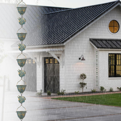 9.2 FT Rain Chain, Metal Rain Gutter Chains with 12 Cups & Detachable Ladybugs Decor, Adjustable Rain Catcher Chain with Bell for Outddor Decor, Replacement for Downspout