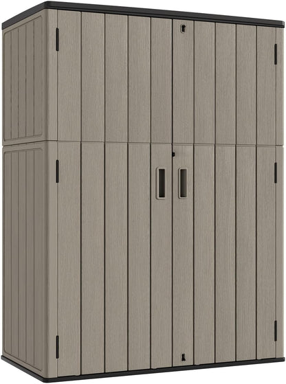 KINYING Outdoor Vertical Storage Shed,57 Cu.ft Outdoor Storage Cabinet Waterproof,Resin Sheds & Outdoor Storage Clearance for Garden,Patio,Backyard,Lockable (Brown)