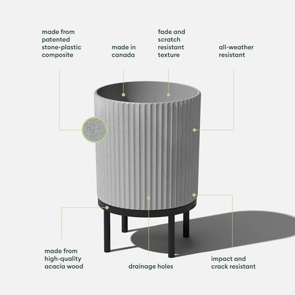 Veradek Demi Series Round Planter w/Stand for Porch/Patio | Durable Plastic-Stone Composite & Wooden Stand | Modern Décor for Tall Plants, Flowers