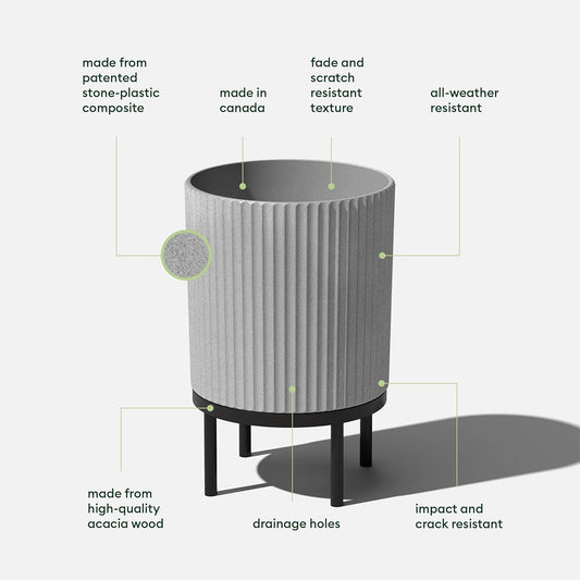 Veradek Demi Series Round Planter w/Stand for Porch/Patio | Durable Plastic-Stone Composite & Wooden Stand | Modern Décor for Tall Plants, Flowers