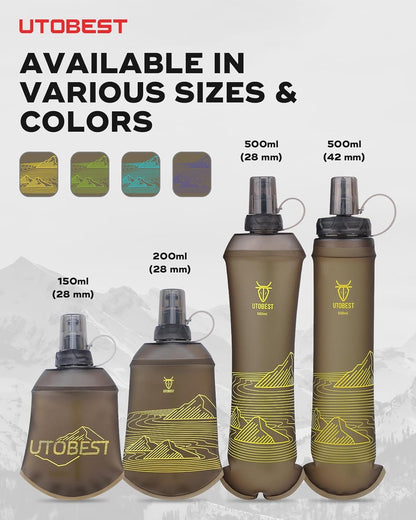UTOBEST 500ml Soft Flask, 2 Pack Flexible TPU Hydration Water Bottle, Collapsible with 28mm Caliber for Running, Hiking, Cycling, Climbing, and Marathon Yellow