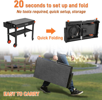 Outdoor Portable Grill Table Stand - Folding Prep Stand for 17" or 22" Blackstone Griddle, Large Space Blackstone Table with Wheels, Pizza Oven Cart for Ninja, Patio Grilling Backyard BBQ Grill Cart.