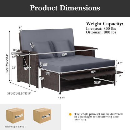 Tangkula Patio Rattan Daybed Set, Wicker Loveseat Sofa w/Multipurpose Ottoman & Retractable Side Tray, 4-Level Adjustable Backrest, Footstool w/Storage, Seat & Back Cushion Included