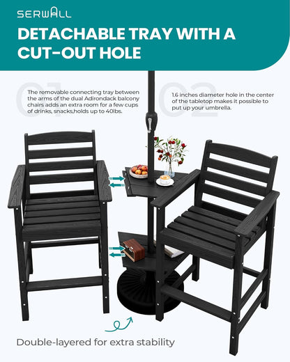 SERWALL Tall Adirondack Chairs Set of 2 with Connecting Table, All Weather Outdoor Barstools, Black