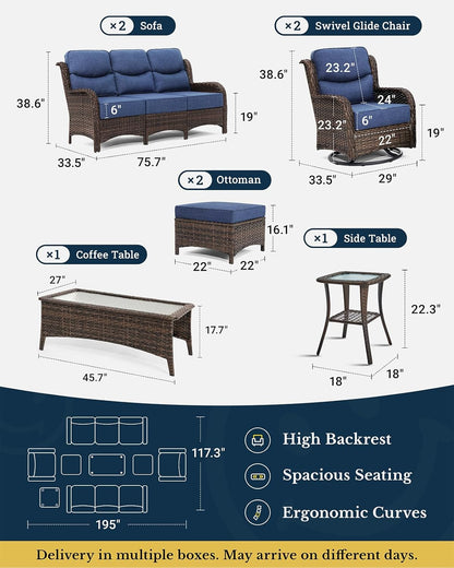 HILLGA Luxury Patio Furniture Set with 6-inch Thick Cushion, Outdoor Couch and High Back Swivel Rocker Patio Chairs, 8PCS Wicker Conversation Set for Deck Yard and Poolside, Blue (V2)
