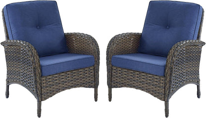 HUMMUH Outdoor Wicker Chairs Patio Dining Chairs Set of 2 with High Back and Deep Seat for Garden,Porch,Backyard,Balcony (Brown/Blue)