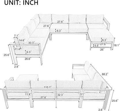 Multi-Person Outdoor Sofa Set, U-Shaped Aluminum Outdoor Sofa Set with Thick Cushions and Backrests, Modular Patio Sofa Set for Gardens, Backyards, and Balconies (Grey * 069)
