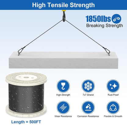 500FT T316 Marine Grade 1/8" Stainless Steel Cable Kit w/Cutter, 7x7 Strand,1850lb Breaking Strength Wire Rope Cable for Deck Railings,Ideal for Indoor/Outdoor Railings DIY Installation, MY15