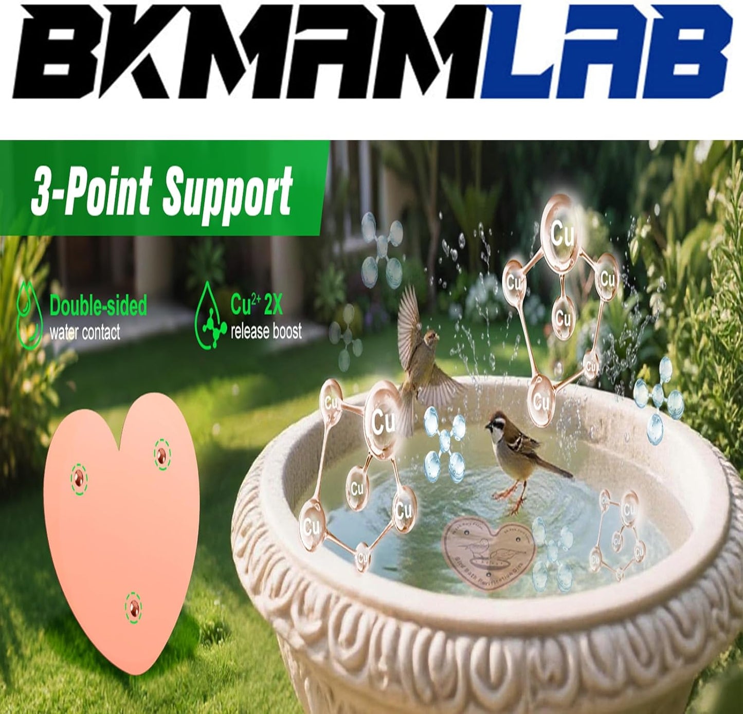 2-Pack 99.99% Pure Copper Bird Bath Purification Disk,Copper Disc with Stable Triple-Point Support,Fits All Outdoor Bird Baths(Heart-Shaped)