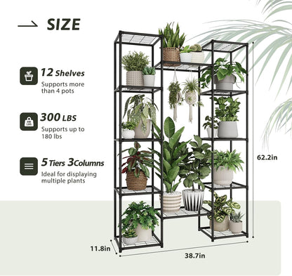 Metal Plant Stand Outdoor 62.2" Tall Plant Shelf for Plants 12 Pots Large Plant Sheves for Indoor Plants Living Room Heavy Duty Rack Garden Balcony Patio Hanging Planter