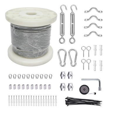 3/38" Wire Cable Rope Kit ，Vinyl Coated 304 Stainless Steel Wire – 100FT 7x7 Strand Cable with Turnbuckles，String Lights Hanging Kit for Outdoor, Garden,Patio, Crafts, Hanging Lights