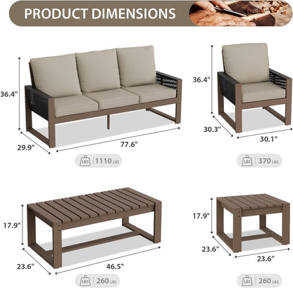 EAGLE PEAK Natural Wood Outdoor Patio Furniture, Cedar Furniture, Conversation Set, Outdoor Seating for Deck Patio Porch, Sofa 2 Chairs, Coffee Table & Side Table, 5 Pieces, Brown/Beige