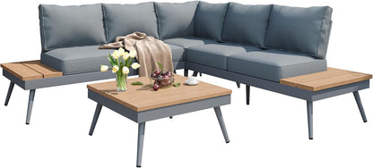 Outdoor V-Shaped 4-Piece Alum Patio Sofa Set, L-Shaped Conversation Set with Coffee Table, Aluminum Frame, Faux Wood, Outdoor Sectional Sofa Set for Garden
