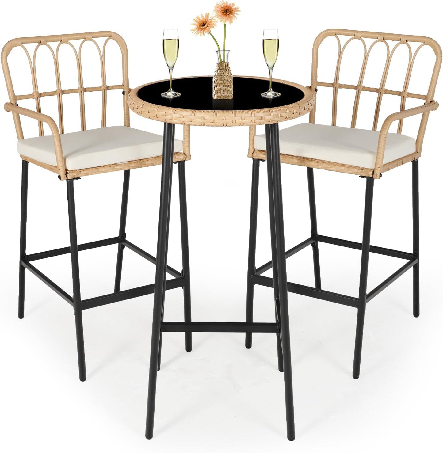 LYNSLIM Outdoor Bar,3 Piece Height Table Patio Rattan Wicker Furniture Chairs Set,22" Patio Bar Table and Outdoor Bar Stool Set of 2,with Removable Cushions for Backyards, Porches (Set for 3)
