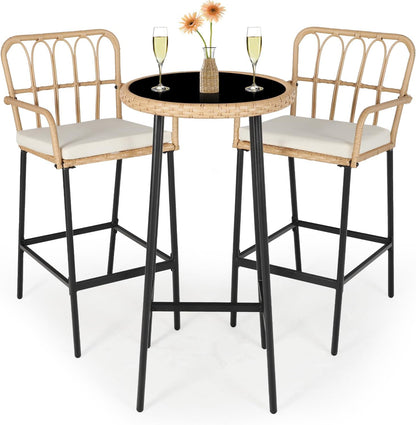 LYNSLIM Outdoor Bar,3 Piece Height Table Patio Rattan Wicker Furniture Chairs Set,22" Patio Bar Table and Outdoor Bar Stool Set of 2,with Removable Cushions for Backyards, Porches (Set for 3)