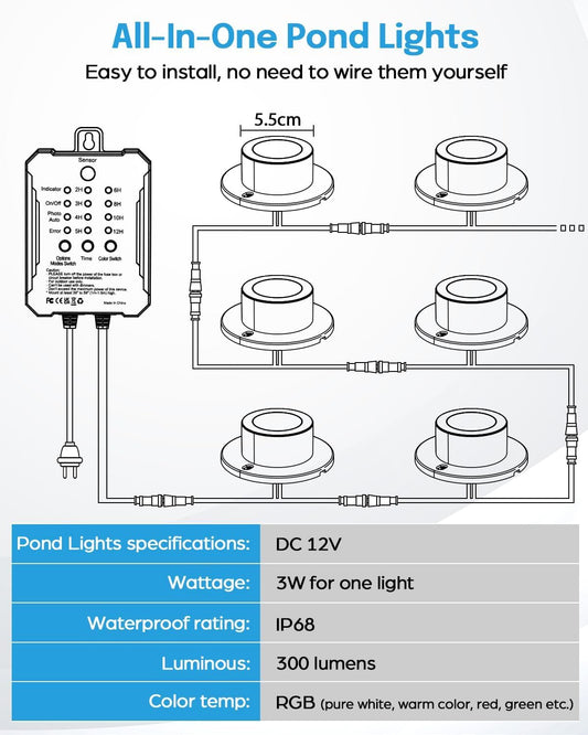 HIBOITEC LED Pond Lights, RGB Underwater Fountain Light with 12V Timer Transformer, Photocell Light Sensor, IP68 Waterproof Outdoor Underwater Lights for Outdoor Ponds Garden, 6 Pack