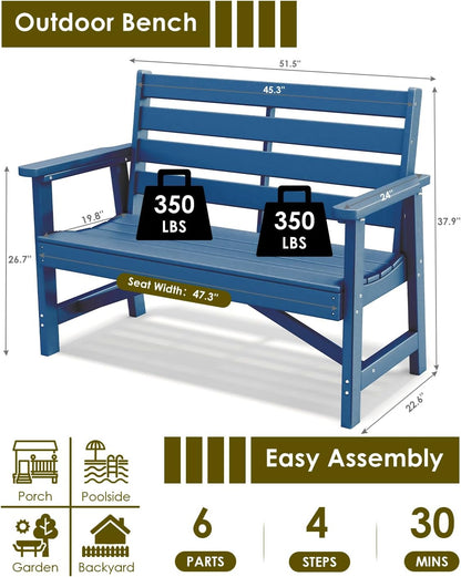 GREENVINES Outdoor Bench | 51.5’’ | HDPE | Garden Benches | Weatherproof | for Outdoors Patio Park Porch Outside Backyard | 2-Person | Blue