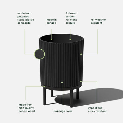 Veradek Demi Series Round Planter w/Stand for Porch/Patio | Durable Plastic-Stone Composite & Wooden Stand | Modern Décor for Tall Plants, Flowers