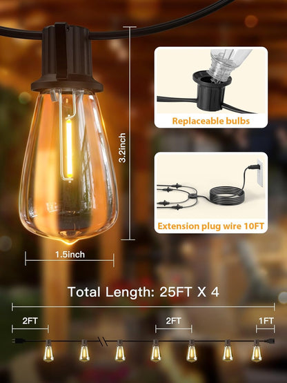 addlon 100FT (4x25FT) Outdoor String Lights, Waterproof Patio Lights ETL Listed with 48+4 Shatterproof Dimmable ST38 LED Bulbs, 2200K Connectable Outdoor Lighting for Christmas House Backyard Garden