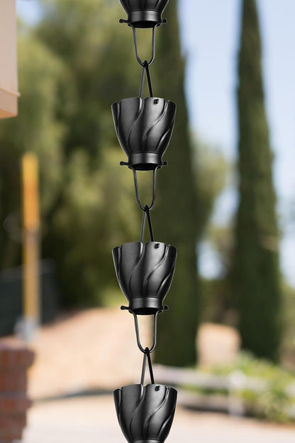 Monarch Rain Chains Aluminum Akira Rain Chain, 8.5 ft Black Powder Coated Aluminum Decorative Rain Catcher Chain for Gutters, Black Aluminum Rain Gutter Replacement Downspout